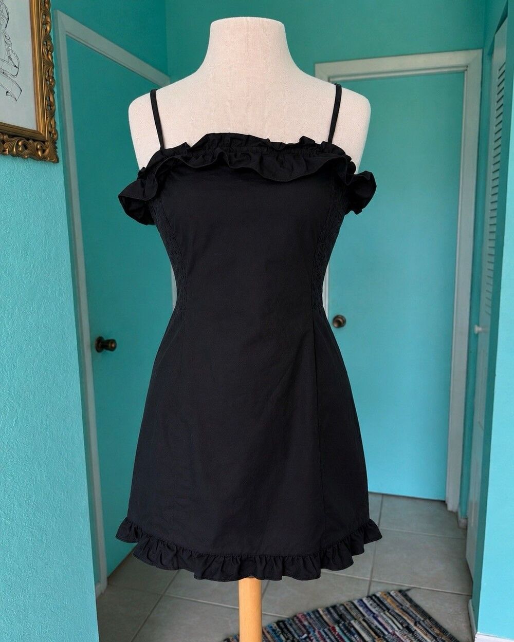 Vintage Ralph Lauren 90s Black Cotton Ruffle Mini Dress Size 12 - Picture 4 of 8